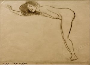 Stående flicka naken med kroppen böjd framåt till vänster av Gustav Klimt