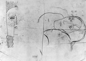 Studier för Ver Sacrum 1900 - Pallas Athene och ett tragiskt huvud, 1897-98 (blyerts och blåkrita på kalkerpapper) av Gustav Klimt