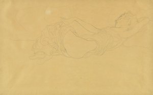 Kvinna liggande på rygg, delvis klädd av Gustav Klimt