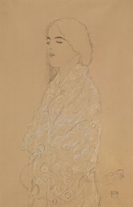 Kvinna med en vit sjal (penna med vit och röd färgad krita på papper) av Gustav Klimt