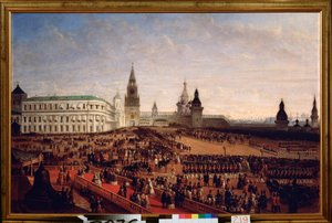 Militärparad under kröningen av kejsar Alexander II (1818-1881) i Kreml i Moskva, 18 februari 1855. Målning av Gustav Schwarz (cirka 1800-efter 1855), olja på duk