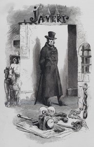 Scene fra Les Miserables, af Victor Hugo: Javert, detektiven (graverings)svensker av Gustave (after) Brion