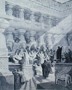 Daniel som tolkar skriften på väggen, graverad av A. Ligny, c.1868 (gravyr) av Gustave (after) Dore