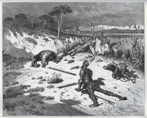 Don Quijotes moraliserande över otacksamhet - från "Don Quixote de la Mancha" av Miguel Cervantes (1547-1616) (Don Quijote) - Träsnitt efter teckning av Gustave Dore av Gustave (after) Dore