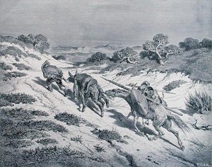 Den slagna riddaren och hans springare, från "Don Quijote de la Mancha" av Miguel Cervantes (1547-1616), graverad av Heliodore Joseph Pisan (1822-90) ca 1868 (gravyr). av Gustave (after) Dore