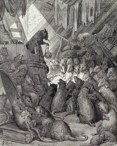 Rådet som hålls av råttorna, från fablerna i La Fontaine, graverade av Antoine Valerie Bertrand (f.1823) c.1868 (gravyr) av Gustave (after) Dore
