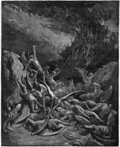 Det förlorade paradiset: de fallna änglarna. Från teckningen av Gustave Dore som illustrerar "Paradise Lost" av John Milton (1608-1674) engelsk poet. Gravyr från 1867. Privat samling