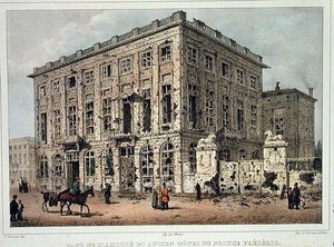 Cafe Amitie och Old Hotel du Prince Frederic, Bryssel, efter striderna 23-26 september 1830, graverade av Jean Baptiste Madou (1796-1877) (färgad gravyr) av Gustave Adolphe (after) Simoneau