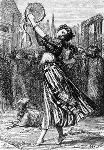 Esmeralda med sin get Djali, illustration till Hunchback of Notre-Dame, roman av Victor Hugo (1802-1885), gravyr efter teckning av Gustave Brion (1824-1877), utgiven av Hetzel, Paris
