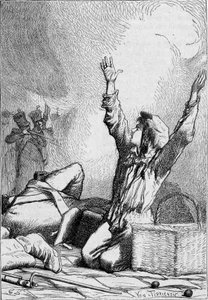 Gavroche faller på barrikaderna - i "" Les Miserables"" av Victor Hugo, sjuk. av Brion, red. Hetzel och Lacroix