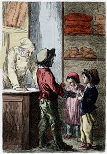 Gavroche ger bröd till barn - i "" Les Miserables"" av Victor Hugo, sjuk. av Brion, red. Hetzel och Lacroix