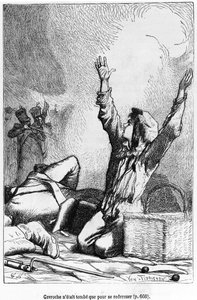 Gavroche hade fallit bara för att resa sig igen, illustration från "Les Miserables" av Victor Hugo (1802-85) graverad av Jules Leon Perrichon (1836-97)