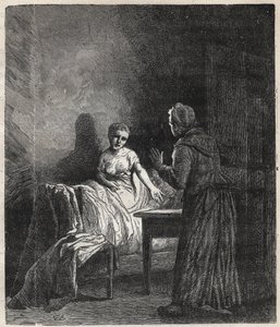 Marguerite går in i Fantines rum och Fantine visar honom två Napoleoner (mynt) som kan rädda Cosette, hans dotter - Illustration av Gustave Brion (1824-1877) för "The Miserables - First part: Fantine" av Victor Hugo (1802-1885) 1862 av Gustave Brion