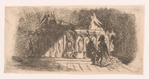 Man knäböjer framför en gotisk grav av Gustave Buschmann