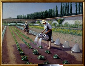 Trädgårdsmästarna. Två män med sina vattenkannor bevattnar sin plantage. Nära dem användes glasklockor för att täcka grödor. Målning av Gustave Caillebotte (1848-1894) av Gustave Caillebotte
