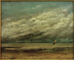 Segelbåt nära kusten, stormig himmel av Gustave Courbet