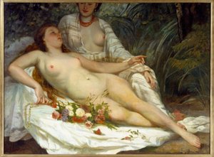 Badgäster säger två nakna kvinnor. Målning av Gustave Courbet (1819-1877)