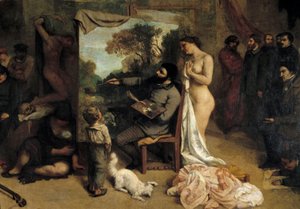 Målarens verkstad. Allegorie Reelle bestämmer en sjuårig fas av mitt konstnärliga liv (och moraliska) Detalj som visar målaren omger hennes två inspirationskällor, ett barn som symboliserar naivitet och en naken kvinna. Målning av Gustave Courbet (1819-