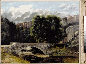Utsikt över bron av Saint Sulpice i Fleurier, Schweiz (olja på duk av Gustave Courbet