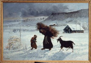 Byarmod, Ornans. En bonde och hennes dotter tar med bröd, vedbankar och en get som vinterförråd. Målning av Gustave Courbet (1819-1877) 1800-talet sön. 1,26 X 0,85 m. Privat samling av Gustave Courbet
