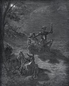 A Nocturnal Discourse - från "Don Quixote de la Mancha" av Miguel Cervantes (1547-1616) (Don Quijote) - Träsnitt efter teckning av Gustave Dore av Gustave Dore