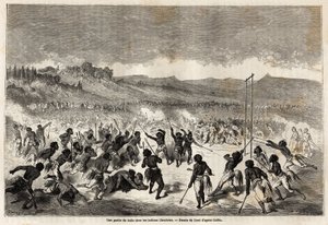 Ett bollspel bland Choctaws-indianerna, stammen i Mississippi-regionen, ritat av Gustave Dore (1832-1883), för att illustrera Mississippi-resan till Stilla havet 1853-54 av Baudouin Mollhausen (1825-1905). Gravyr i "" Le tour du monde, nouveau j av Gustave Dore