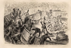 En tjur som korsar barriären, under en tjurfäktning i Valencia, teckning av Gustave Dore (1832-1883), för att illustrera hans resa till Spanien, med C. Davillier, 1862. Gravyr i "" Le tour du monde "", redigerad av Edouard Charton av Gustave Dore