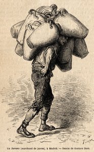 En burkhandlare, skiss på det livliga taget i Madrid. Gravyr av Gustave Dore (1832-1883) för att illustrera hans resa till Spanien, med Ch. Davillier (redaktör), 1862, publicerad i "" Le tour du monde""" 1869, redigerad av Edouard Charton, Hachette-upplaga av Gustave Dore