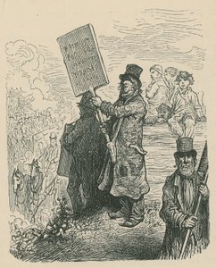 En man som håller ett plakat vid en protest av Gustave Dore
