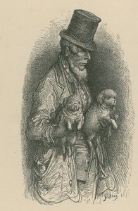 En man som bär en hatt medan han håller två hundar i sina händer av Gustave Dore