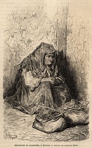 En jordnötshandlare, skiss på live i puerta del sol, i Madrid. Gravyr av Gustave Dore (1832-1883) för att illustrera hans resa till Spanien, med Ch. Davillier (redaktör), 1862, publicerad i "" Le tour du monde""" 1869, redigerad av Edouard Charton, Hachet av Gustave Dore