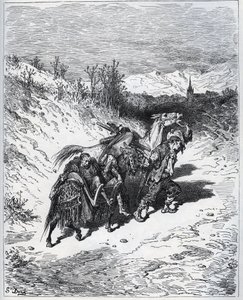 En plöjare för Don Quijote och Rossinante tillbaka till byn - från "Don Quixote de la Mancha"" av Miguel Cervantes av Gustave Dore