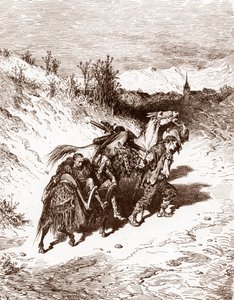 En plogman från sin egen by tar hem Quijote Gravyr av Gustave Dore (1832-1883) för "L
