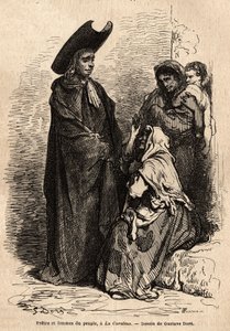 En präst och en kvinna av folket, klädda i trasor; de professionella spanska tiggarna slog sig ner på kyrkornas domstolar för att skickligt utnyttja den kristna välgörenheten. Skiss tagen live av Gustave Dore (1832-1883). Gravyr för att illustrera resan av Gustave Dore