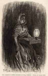 En försäljare av vaxtändstickor, skissar live i puerta del sol, i Madrid. Gravyr av Gustave Dore (1832-1883) för att illustrera hans resa till Spanien, med Ch. Davillier (redaktör), 1862, publicerad i "" Le tour du monde""" 1869, redigerad av Edouard Chart av Gustave Dore