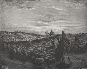 Abraham på resa in i Kanaans land, 1 Mosebok 13:1-4, illustration från Dores 