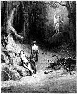 Adam och Eva jagas från paradiset. Illustration av Gustave Dore till "Det förlorade paradiset" av John Milton (1608-1674). Gravyr från 1866. Privat samling av Gustave Dore