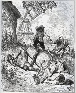 Efter attacken ger väderkvarnarna - "" Misericorde! "" Sancho - från "" Don Quixote de la Mancha"" av Miguel Cervantes (1547-1616) (Don Quijote) - Träsnitt efter teckning av Gustave Dore av Gustave Dore