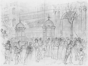 Album of the Siege of Paris, Boulevard Montmartre, januari 1871 (penna och brunt bläcktvätt och penna på papper) av Gustave Dore