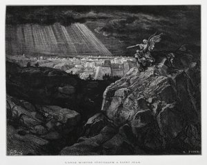 En ängel med Johannes Döparen framför Jerusalem, illustration från Dore-bibeln av Gustave Dore