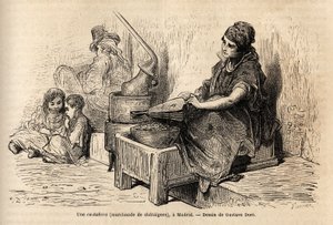 En kastanjehandlare utomhus, med sin bärbara ugn, skissar på det levande i puerta del sol, i Madrid. Gravyr av Gustave Dore (1832-1883) för att illustrera hans resa till Spanien, med Ch. Davillier (redaktör), 1862, publicerad i "" Le tour du monde""" 18 av Gustave Dore