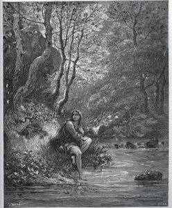 Dorothees utseende i bondekläder - från "" Don Quixote de la Mancha"" av Miguel Cervantes (1547-1616) (Don Quijote) - Träsnitt efter teckning av Gustave Dore av Gustave Dore
