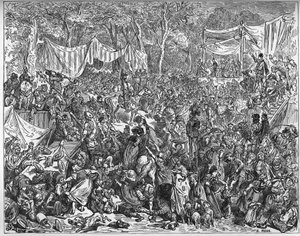 Arrivee de Don Quijote vid Camaches bröllop - från "Don Quixote de la Mancha" av Miguel Cervantes (1547-1616) (Don Quijote) - Träsnitt efter teckning av Gustave Dore av Gustave Dore