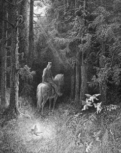 När han korsade de mörka skogarna såg han själv tre andar galna av glädje hoppa vid sidan av vägen på en stor blomma (en riddare från det runda bordet möter de tre andarna i skogen Brocéliande) - i "" Junièvre"" av Alfred Tennyson, ill. av Gu av Gustave Dore