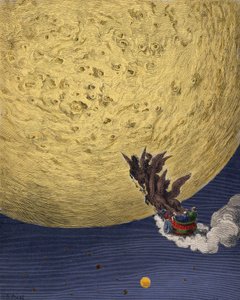Astolph (Astolfo) på Elias vagn lämnar för Rolands anledning på månen Illustration av Gustave Dore (1832-1883) för "Den rasande Roland" (Orlando Furioso) av Ludovico Ariosto kallad Ariosto. 1800-talet av Gustave Dore