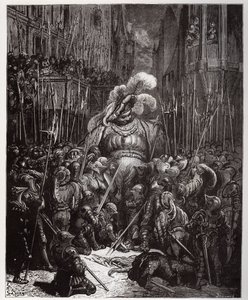 I början av ljudet tackade han nådigt alla svetsare i hans legioner - illustration från "Gargantua och Pantagruel", av Francois Rabelais - gravyr av Gustave Dore (1832-1883) av Gustave Dore