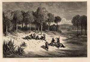 Battle of Oranges av Carcagente, teckning av Gustave Dore (1832-1883), för att illustrera hans resa till Spanien med C.Davillier, 1862. Gravyr i "" Le tour du monde", redigerad av Edouard Charton av Gustave Dore
