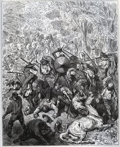 Strid mot mulmakare - Yangois använde sina klubbor - från "Don Quixote de la Mancha" av Miguel Cervantes (1547-1616) (Don Quijote) - Träsnitt efter teckning av Gustave Dore av Gustave Dore