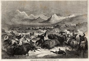 Buffeljakt bland Delawares, indianer som bor på stranden av floden med samma namn, teckning av Gustave dore (1832-1883), för att illustrera Mississippis resa till Stilla havet 1853-54 av Baudouin Mollhausen (1825- 1905). Engravi av Gustave Dore