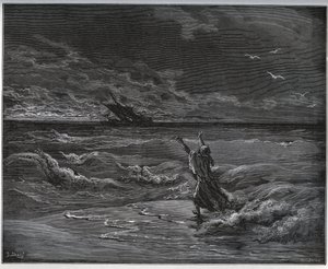 Fången berättelse. Aagi-Morato, Zoraides fader, barker på stranden från "Don Quixote de la Mancha"" av Miguel Cervantes (1547-1616) (Don Quijote) - Träsnitt efter teckning av Gustave Dore av Gustave Dore